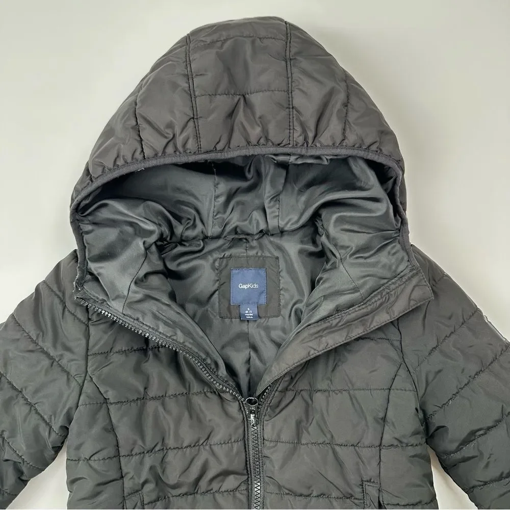 GapKids Unisex Primaloft Black Puffer Jacket Coat Hood SZ S (6-7) Zip Front